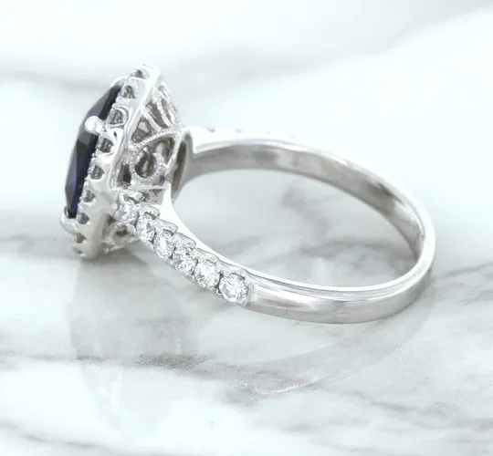 3.68ct. Oval GIA Certified Blue Sapphire Ring with Diamond Halo in 18K White Gold