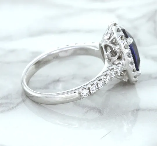 3.68ct. Oval GIA Certified Blue Sapphire Ring with Diamond Halo in 18K White Gold