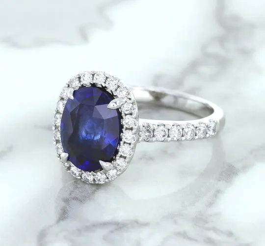 3.68ct. Oval GIA Certified Blue Sapphire Ring with Diamond Halo in 18K White Gold