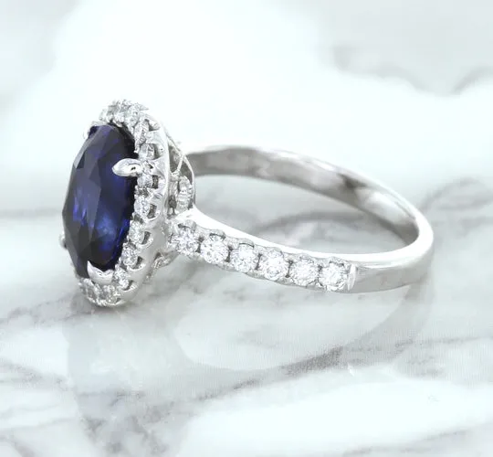 3.68ct. Oval GIA Certified Blue Sapphire Ring with Diamond Halo in 18K White Gold
