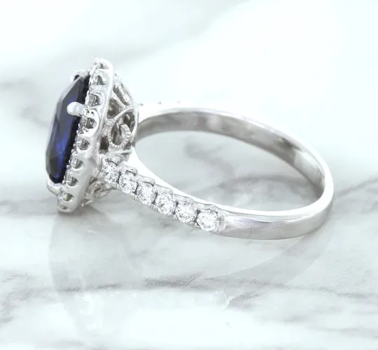 3.68ct. Oval GIA Certified Blue Sapphire Ring with Diamond Halo in 18K White Gold