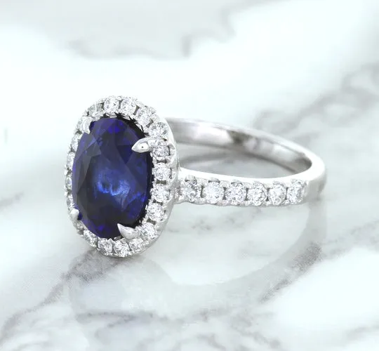 3.68ct. Oval GIA Certified Blue Sapphire Ring with Diamond Halo in 18K White Gold