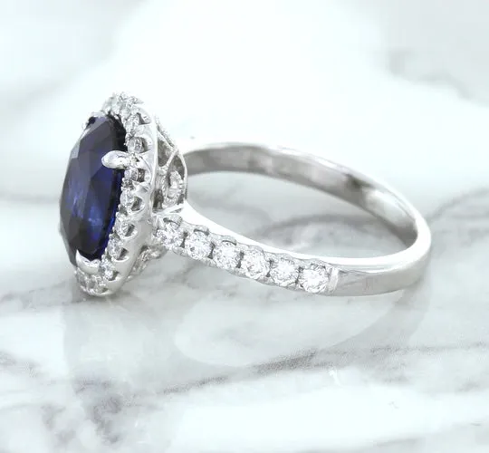 3.68ct. Oval GIA Certified Blue Sapphire Ring with Diamond Halo in 18K White Gold