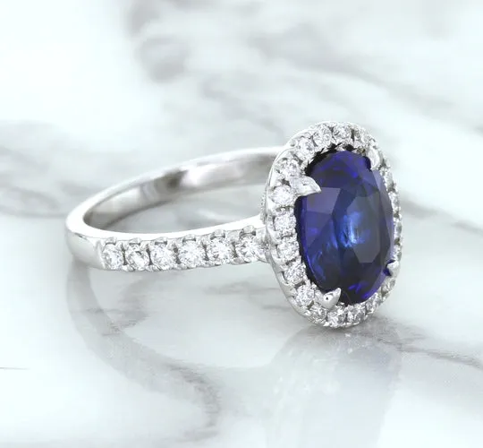 3.68ct. Oval GIA Certified Blue Sapphire Ring with Diamond Halo in 18K White Gold