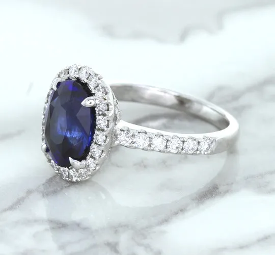 3.68ct. Oval GIA Certified Blue Sapphire Ring with Diamond Halo in 18K White Gold