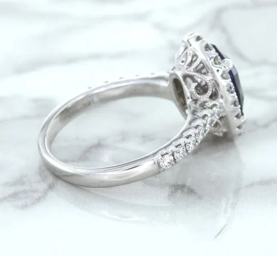 3.68ct. Oval GIA Certified Blue Sapphire Ring with Diamond Halo in 18K White Gold