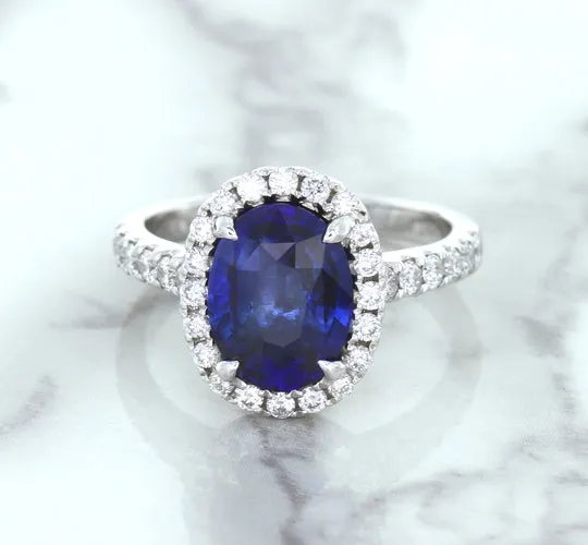 3.68ct. Oval GIA Certified Blue Sapphire Ring with Diamond Halo in 18K White Gold