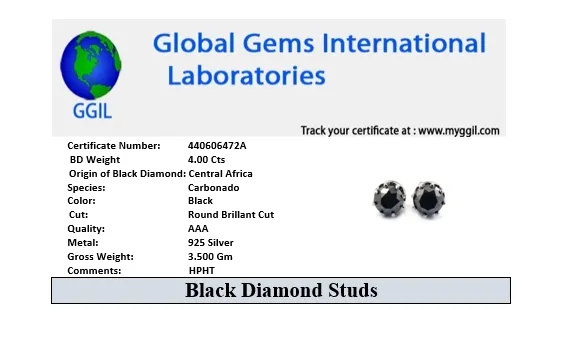 4 Ct AAA Certified Black Diamond Solitaire Studs in 925 Silver, Excellent Quality & Great Design