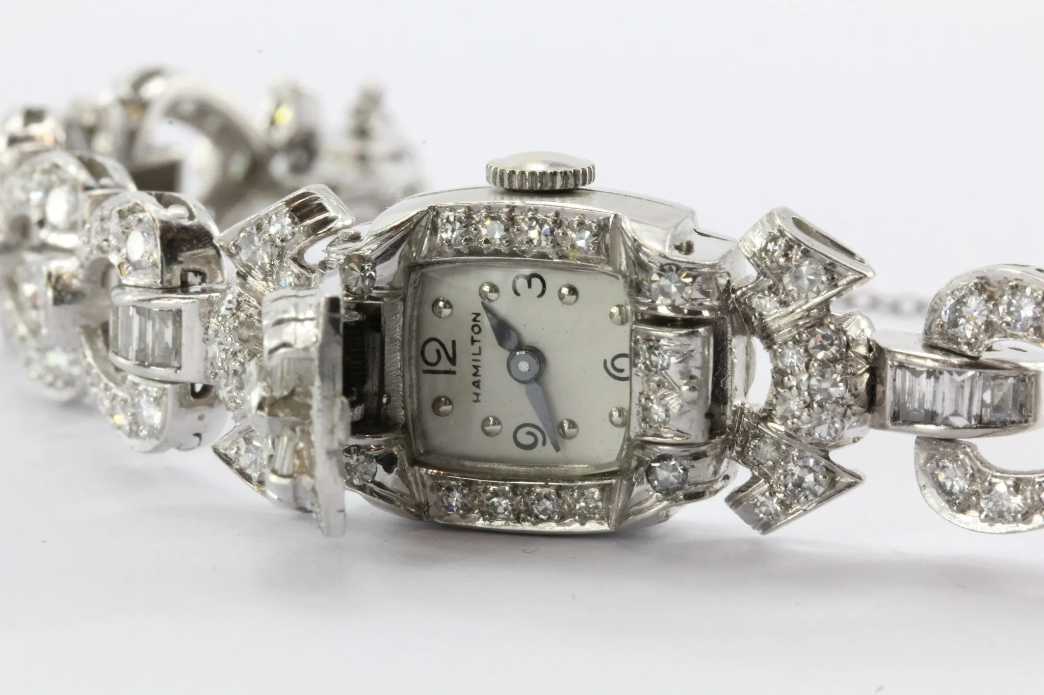 5 Carats of Diamonds on a Platinum Art Deco Hamilton 1940's Cocktail Watch