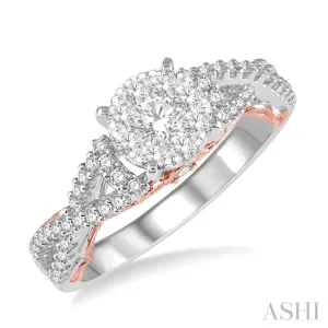 5/8 ctw Round Diamond Lovebright Crossover Shank Engagement Ring in 14K White and Rose Gold