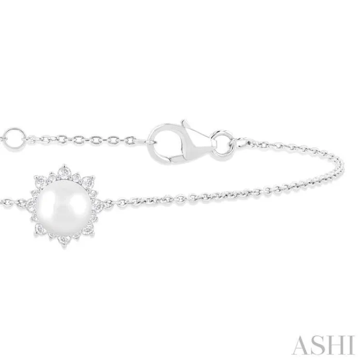 6 MM Round Shape Cultured Pearl and 1/10 ctw Petite Round Cut Diamond Halo Bracelet in 10K White Gold