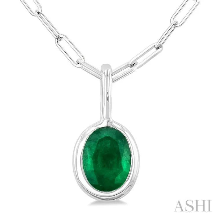 6x4 MM Bezel Set Oval Cut Emerald Precious Fashion Pendant With Paperclip Chain in 14K White Gold