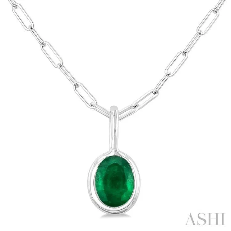 6x4 MM Bezel Set Oval Cut Emerald Precious Fashion Pendant With Paperclip Chain in 14K White Gold