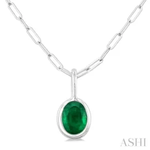 6x4 MM Bezel Set Oval Cut Emerald Precious Fashion Pendant With Paperclip Chain in 14K White Gold