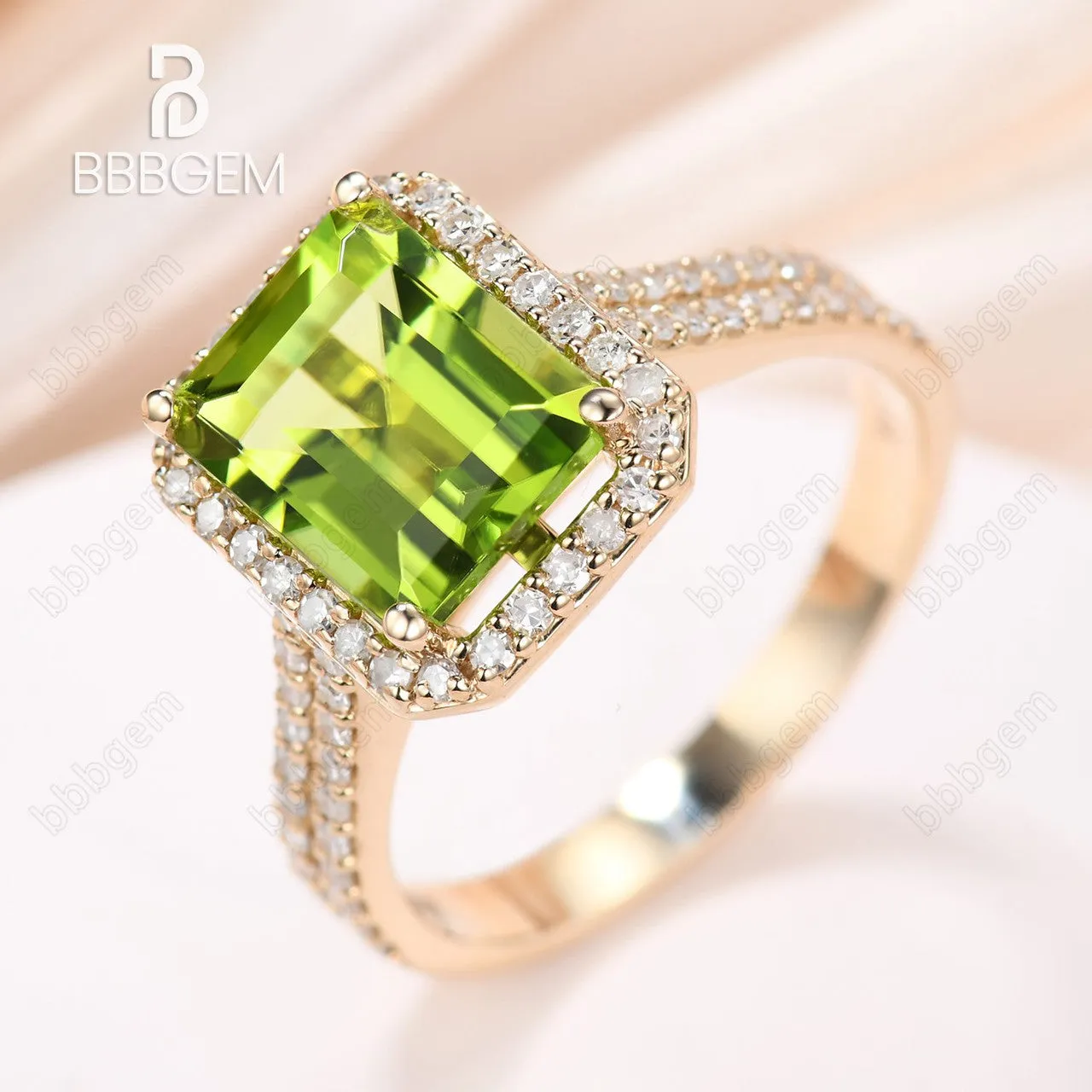 8x10mm Peridot Engagement Ring Emerald Cut Diamond Wedding Band