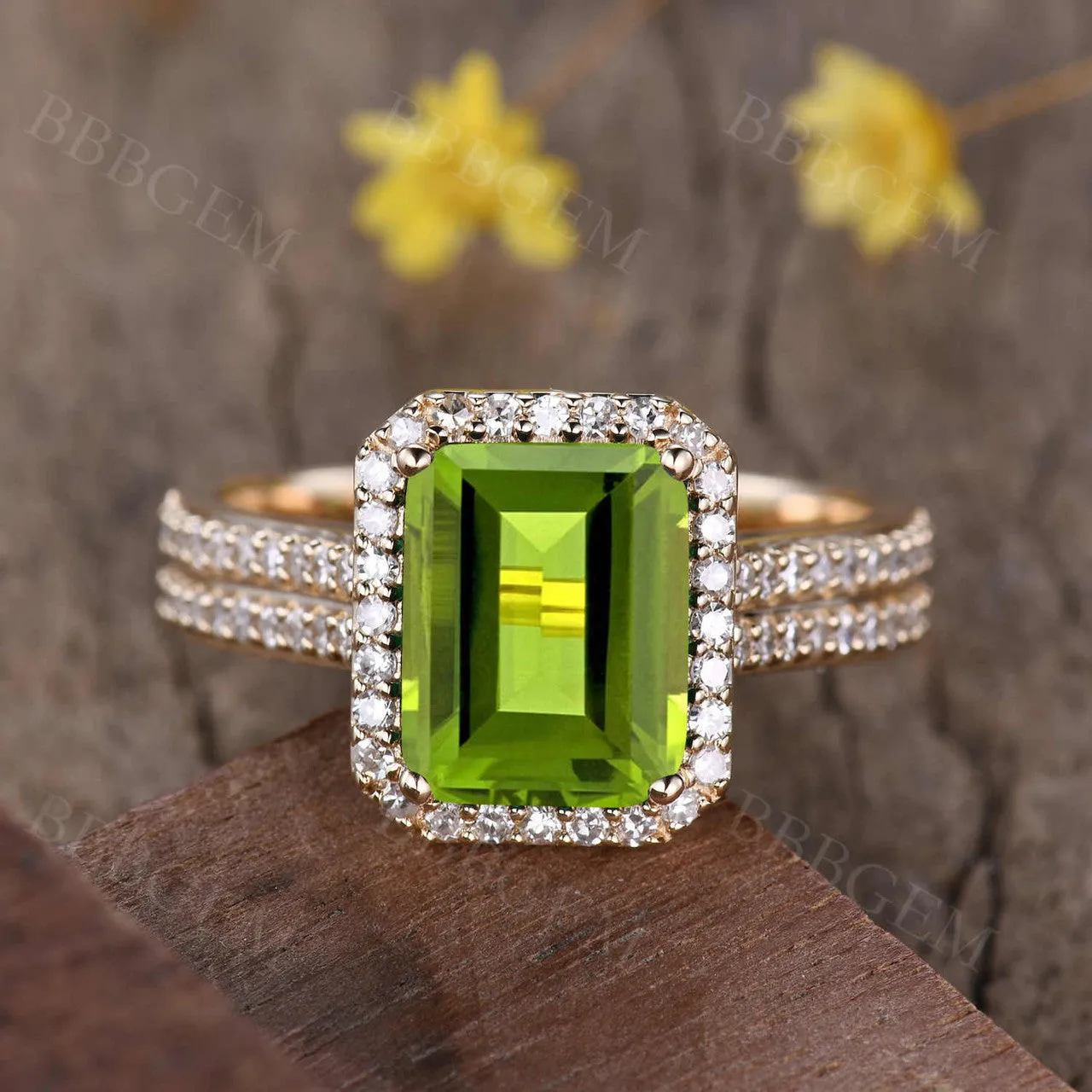 8x10mm Peridot Engagement Ring Emerald Cut Diamond Wedding Band