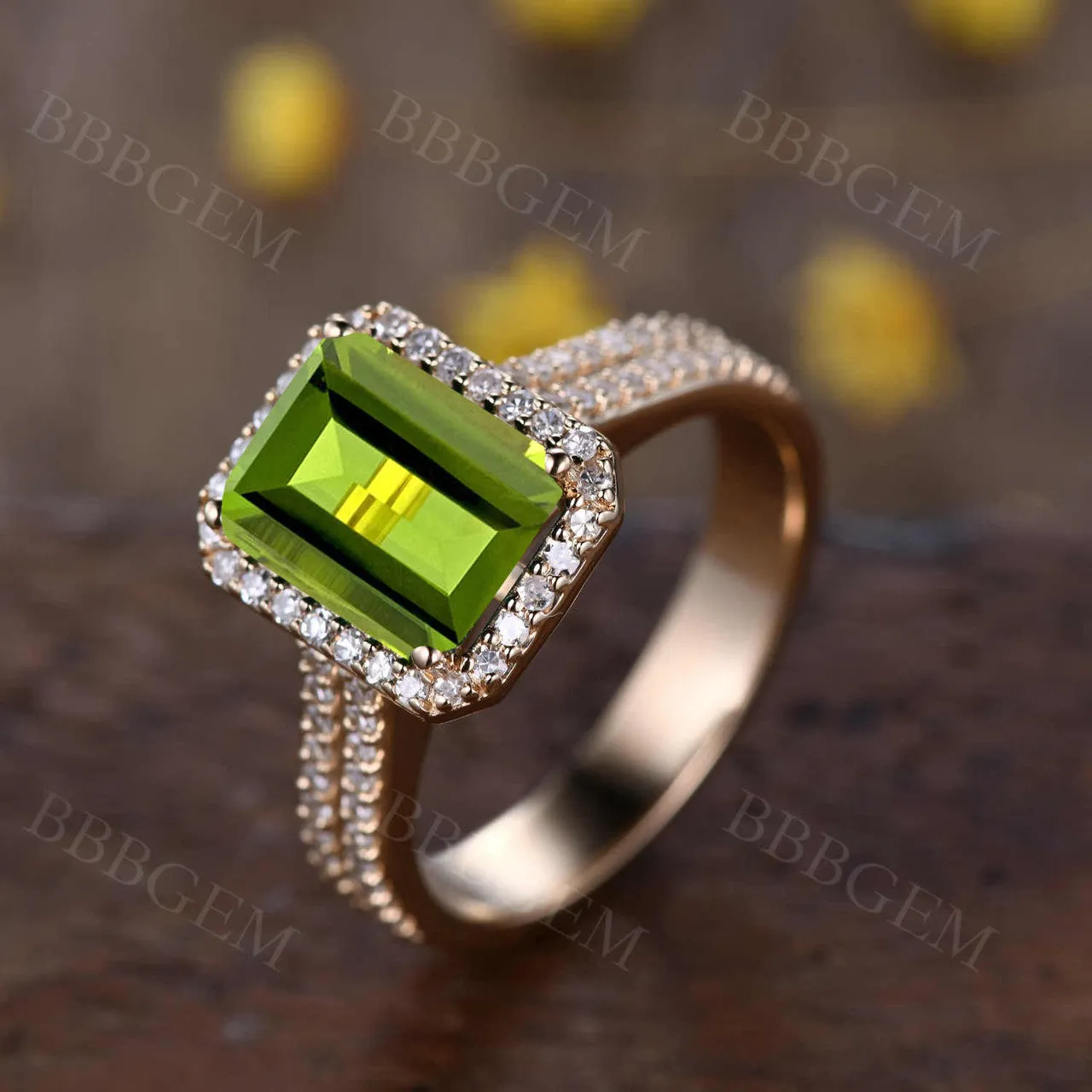 8x10mm Peridot Engagement Ring Emerald Cut Diamond Wedding Band