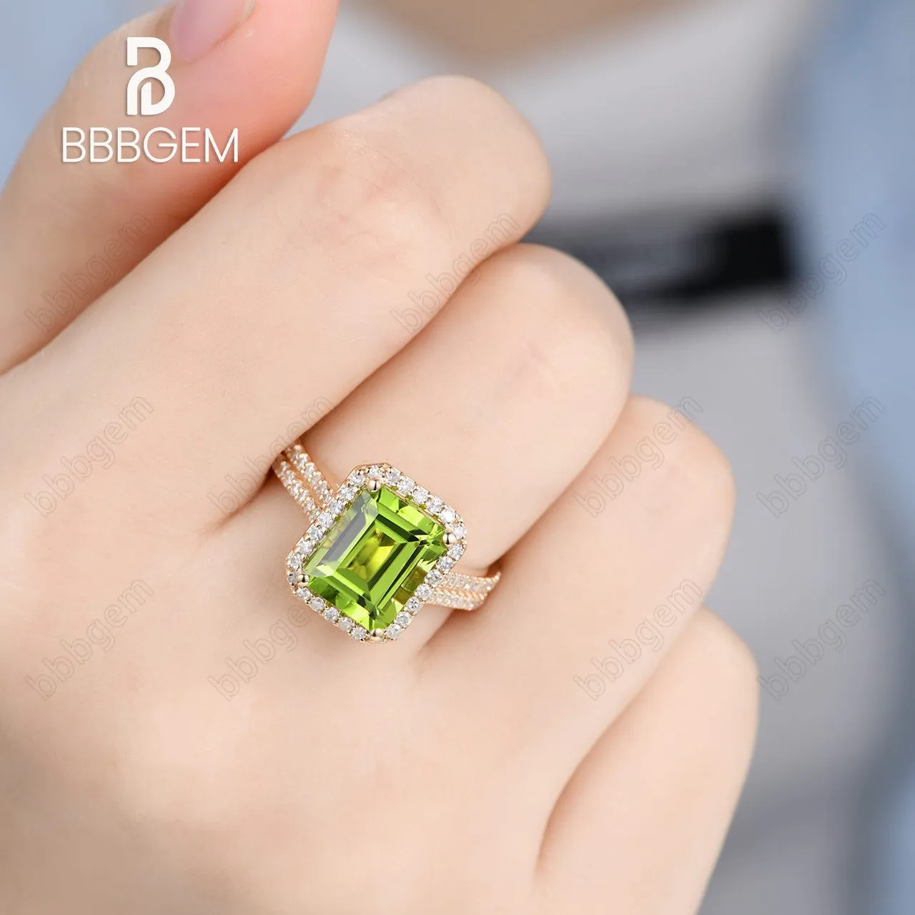 8x10mm Peridot Engagement Ring Emerald Cut Diamond Wedding Band