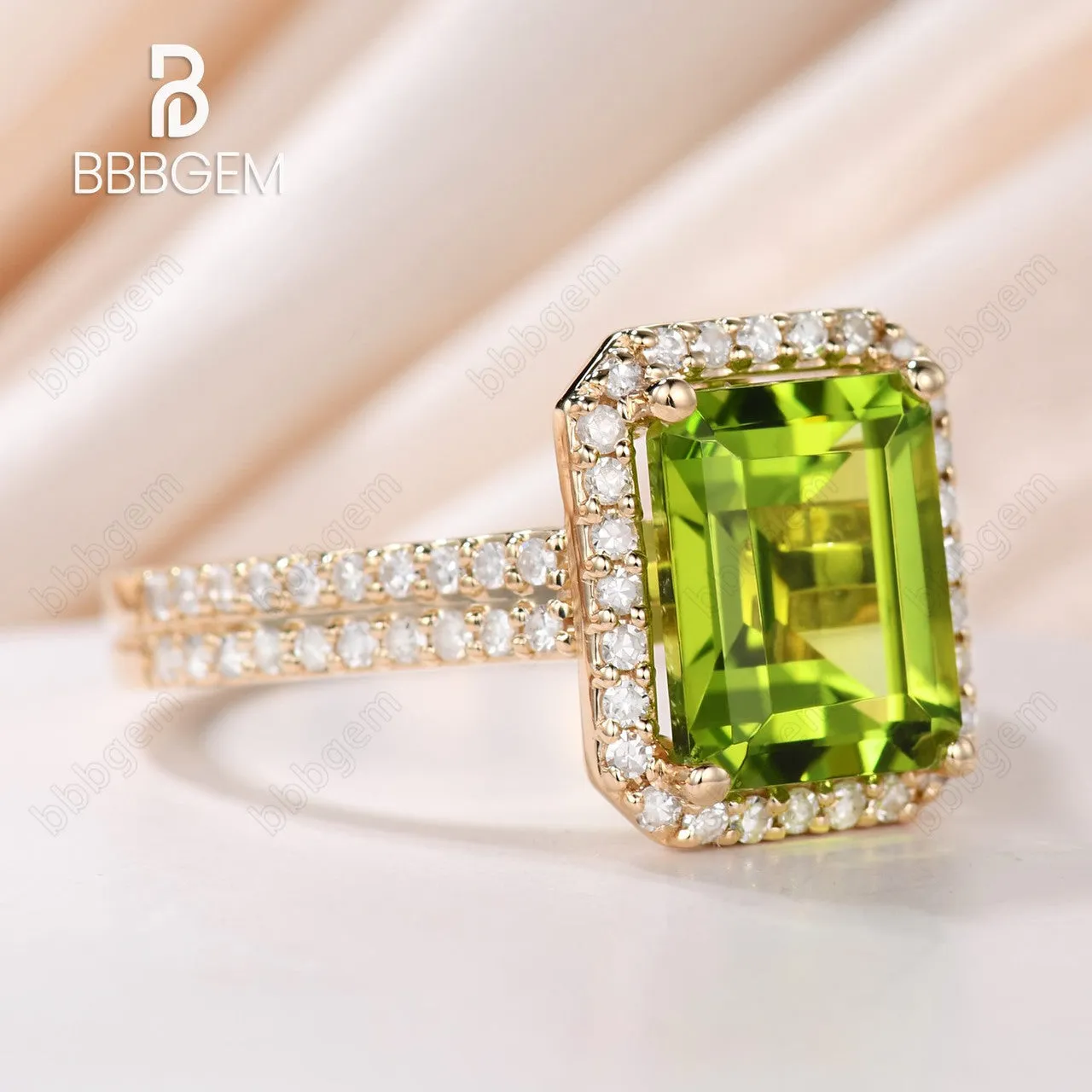 8x10mm Peridot Engagement Ring Emerald Cut Diamond Wedding Band