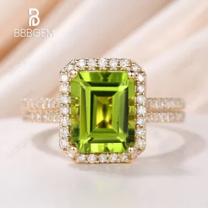 8x10mm Peridot Engagement Ring Emerald Cut Diamond Wedding Band