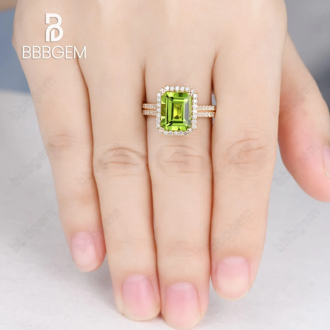 8x10mm Peridot Engagement Ring Emerald Cut Diamond Wedding Band
