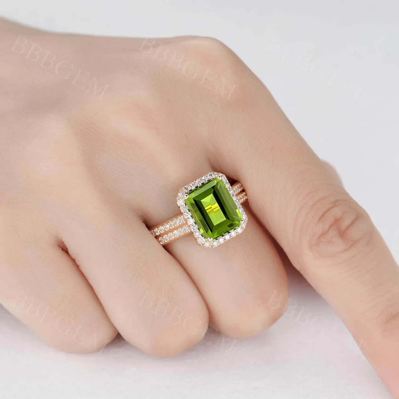 8x10mm Peridot Engagement Ring Emerald Cut Diamond Wedding Band