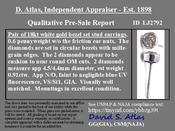 .91ctw Old European Cut Diamond Bezel Stud Earrings