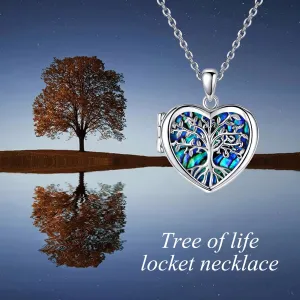 925 Silver Abalone Tree Of Life Heart Locket Necklace