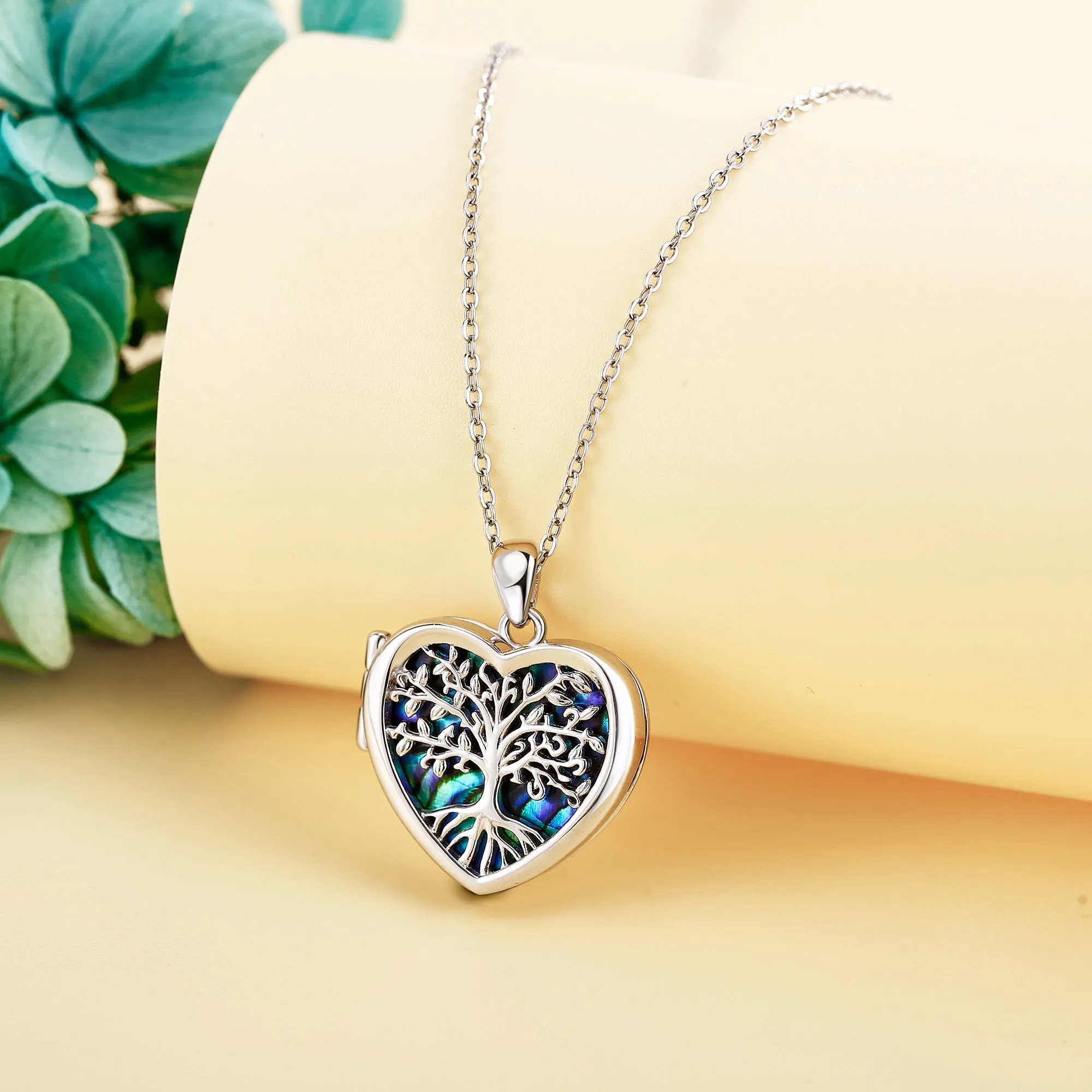 925 Silver Abalone Tree Of Life Heart Locket Necklace