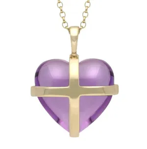 9ct Yellow Gold Amethyst Medium Cross Heart Necklace