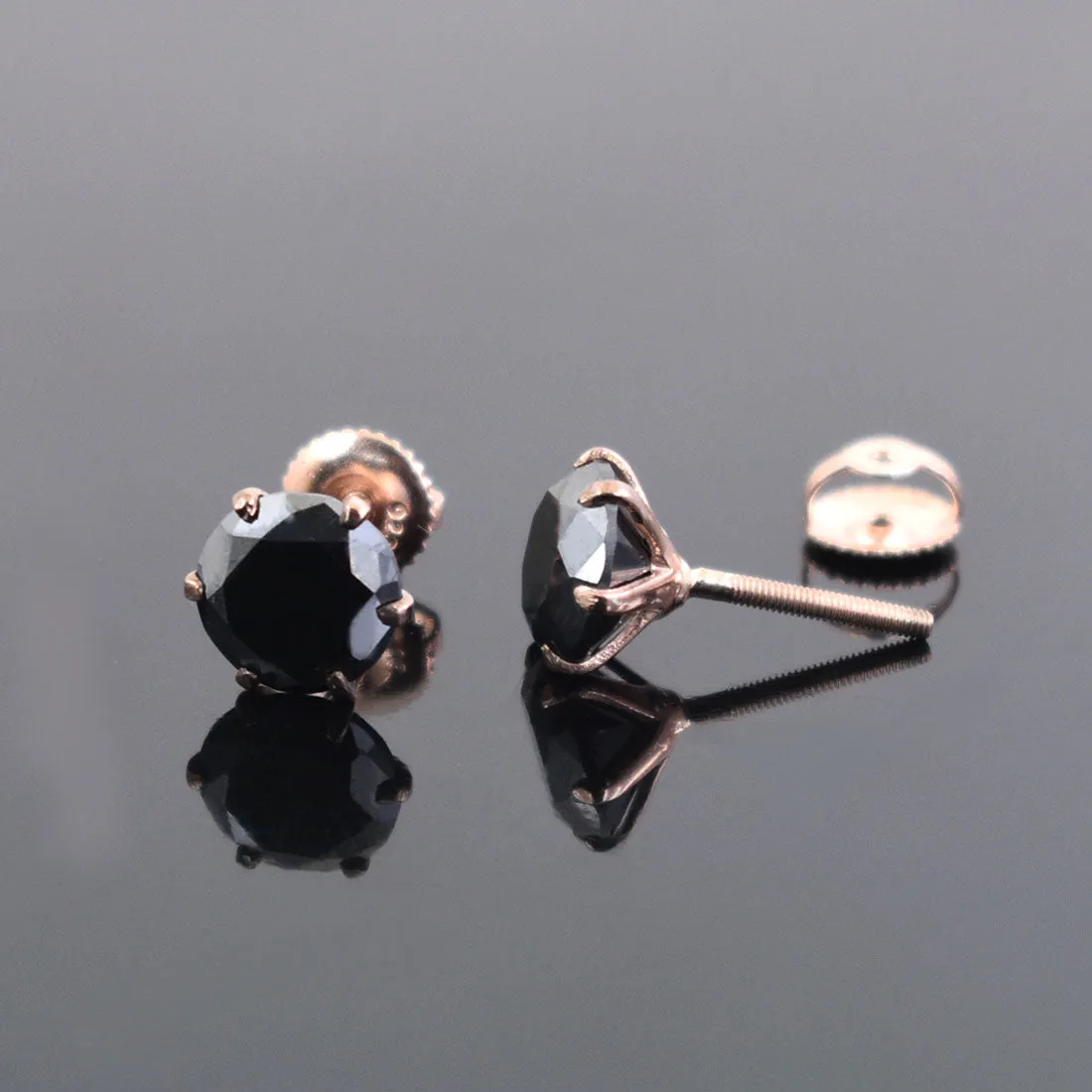 AAA Certified 4 Carat Round Shape Black Diamond Solitaire Studs in Rose Gold Finish, Great Sparkle