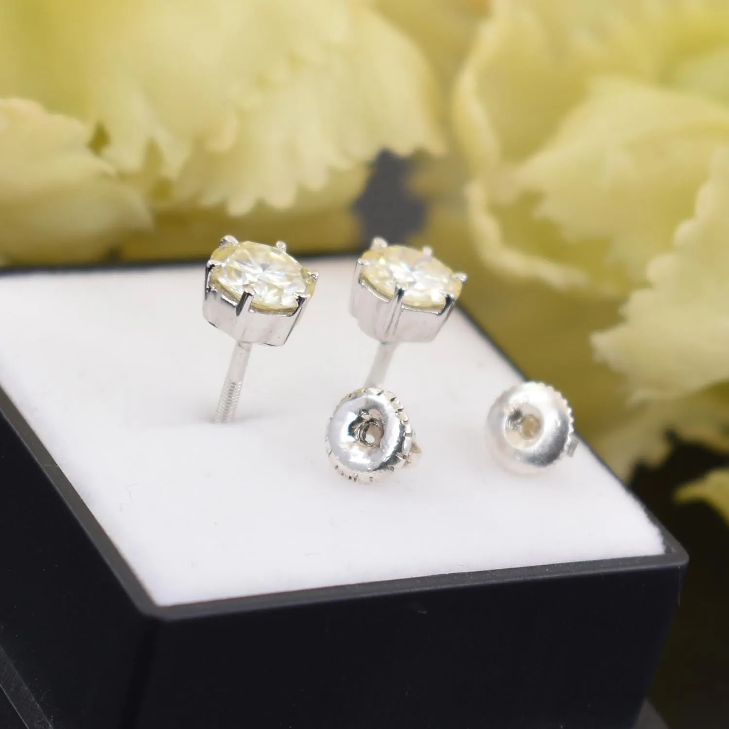 AAA Certified 4 Ct, Amazing Off-White Diamond Solitaire Studs in 925 Silver! New Latest Collection with Great Sparkle