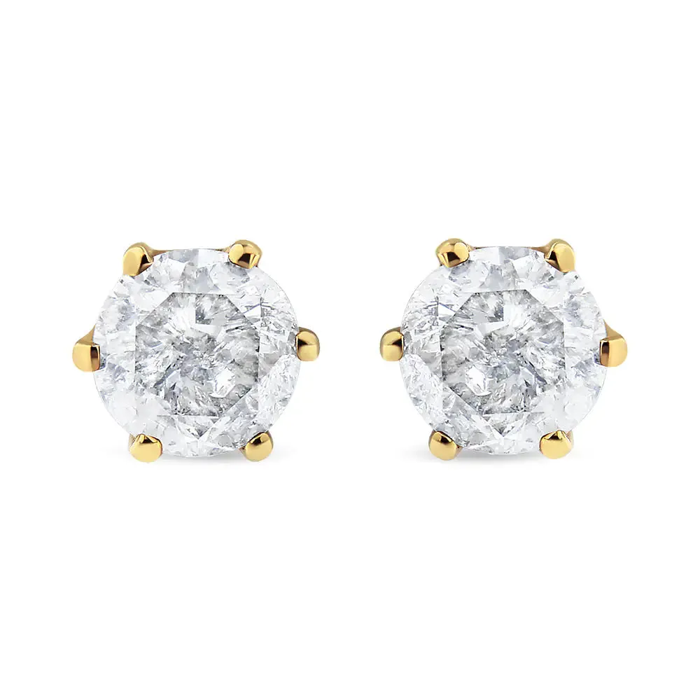 AGS Certified 2.00 Cttw Round Brilliant-Cut Diamond 14K Yellow Gold 6-Prong-Set Solitaire Stud Earrings with Screw Backs (J-K Color, I1-I2 Clarity)