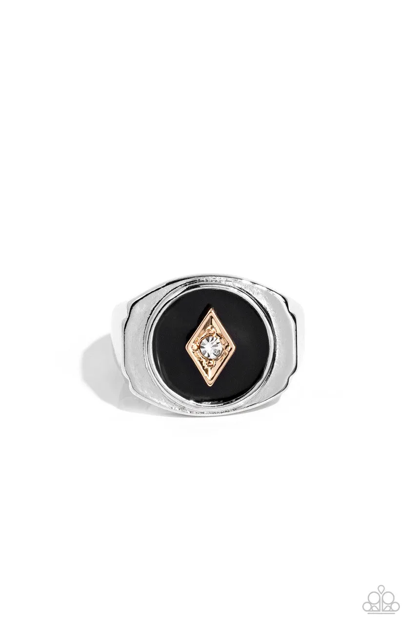 Alumni - Black - Gold Diamond White Rhinestone Paparazzi Men's Ring - 2022 GLOW Convention Exclusive