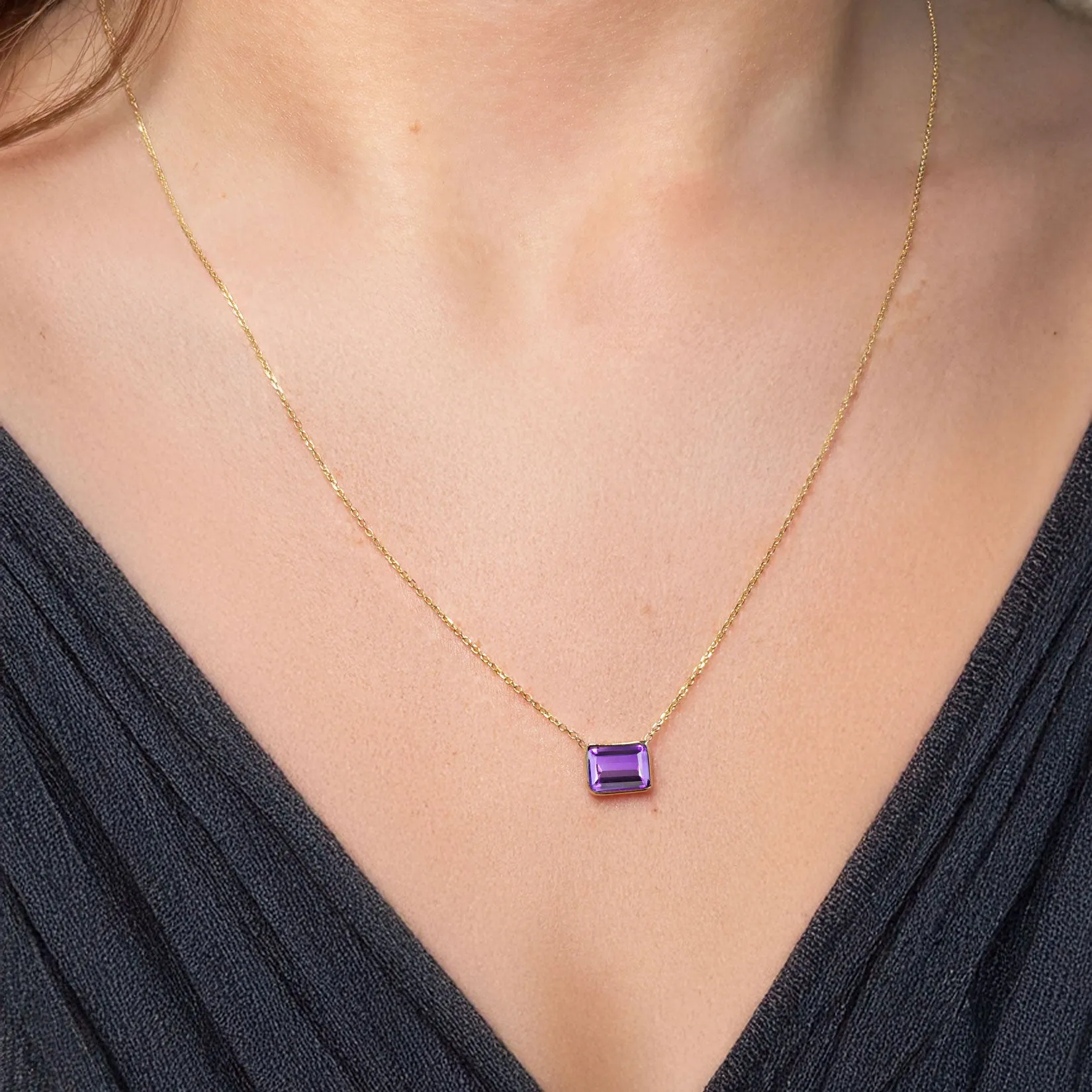 Amethyst Emerald Cut Single Bezel Necklace