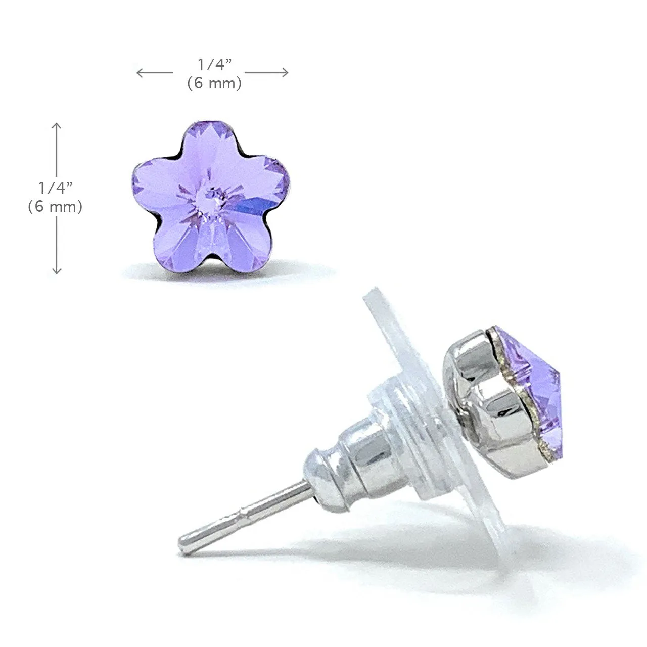 Anna Small Stud Earrings with Purple Violet Flower Crystals from Swarovski Silver Toned Rhodium Plated