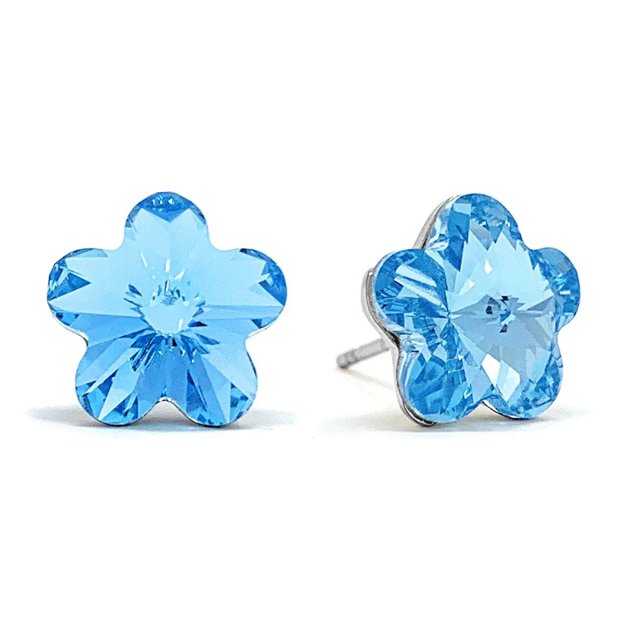 Anna Stud Earrings with Blue Aquamarine Flower Crystals from Swarovski Silver Toned Rhodium Plated
