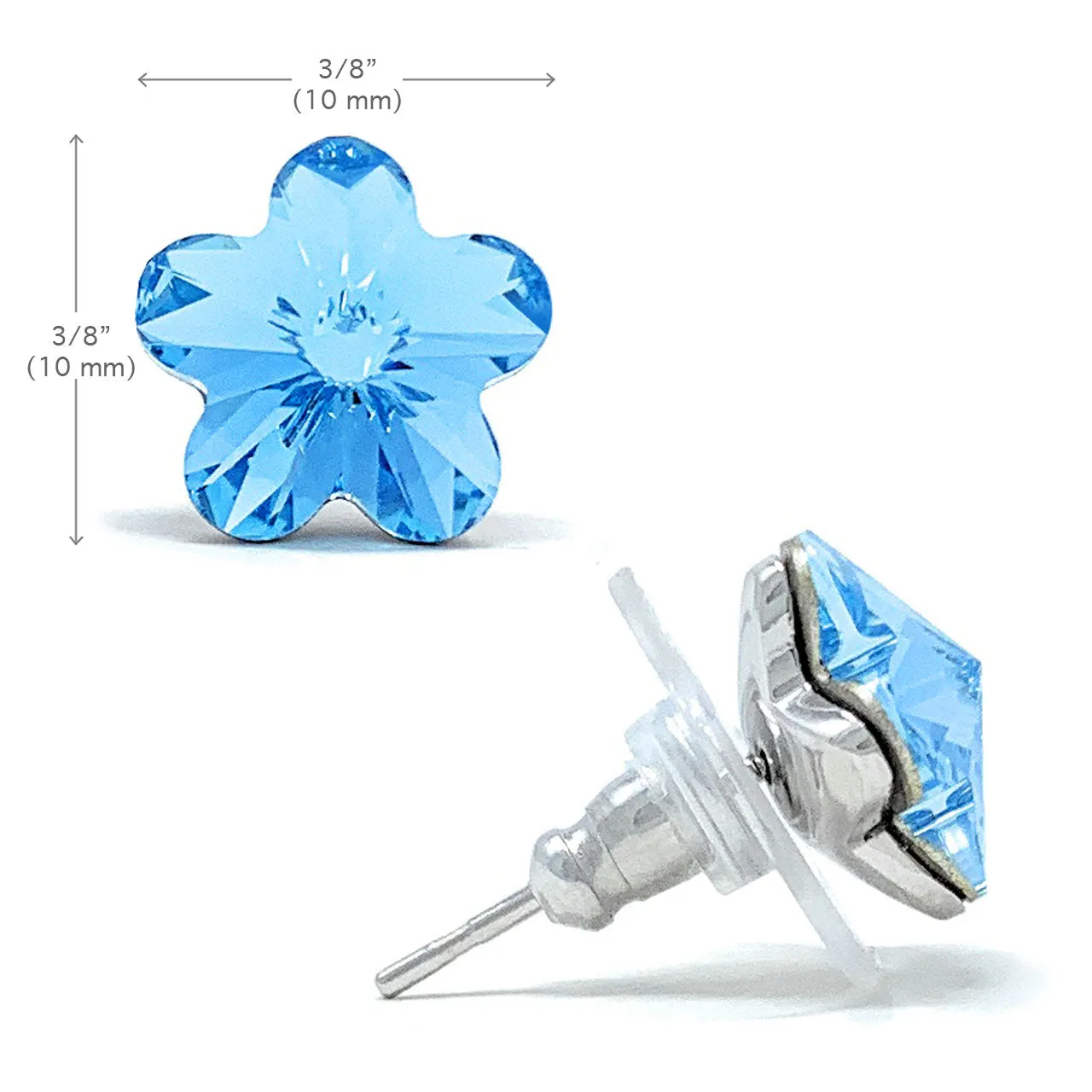 Anna Stud Earrings with Blue Aquamarine Flower Crystals from Swarovski Silver Toned Rhodium Plated
