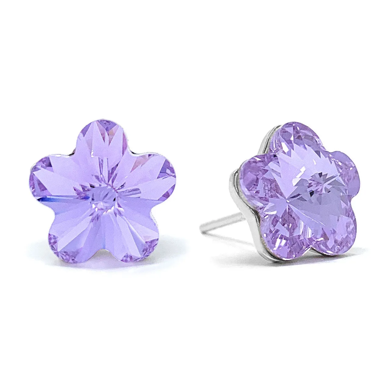 Anna Stud Earrings with Purple Violet Flower Crystals from Swarovski Silver Toned Rhodium Plated