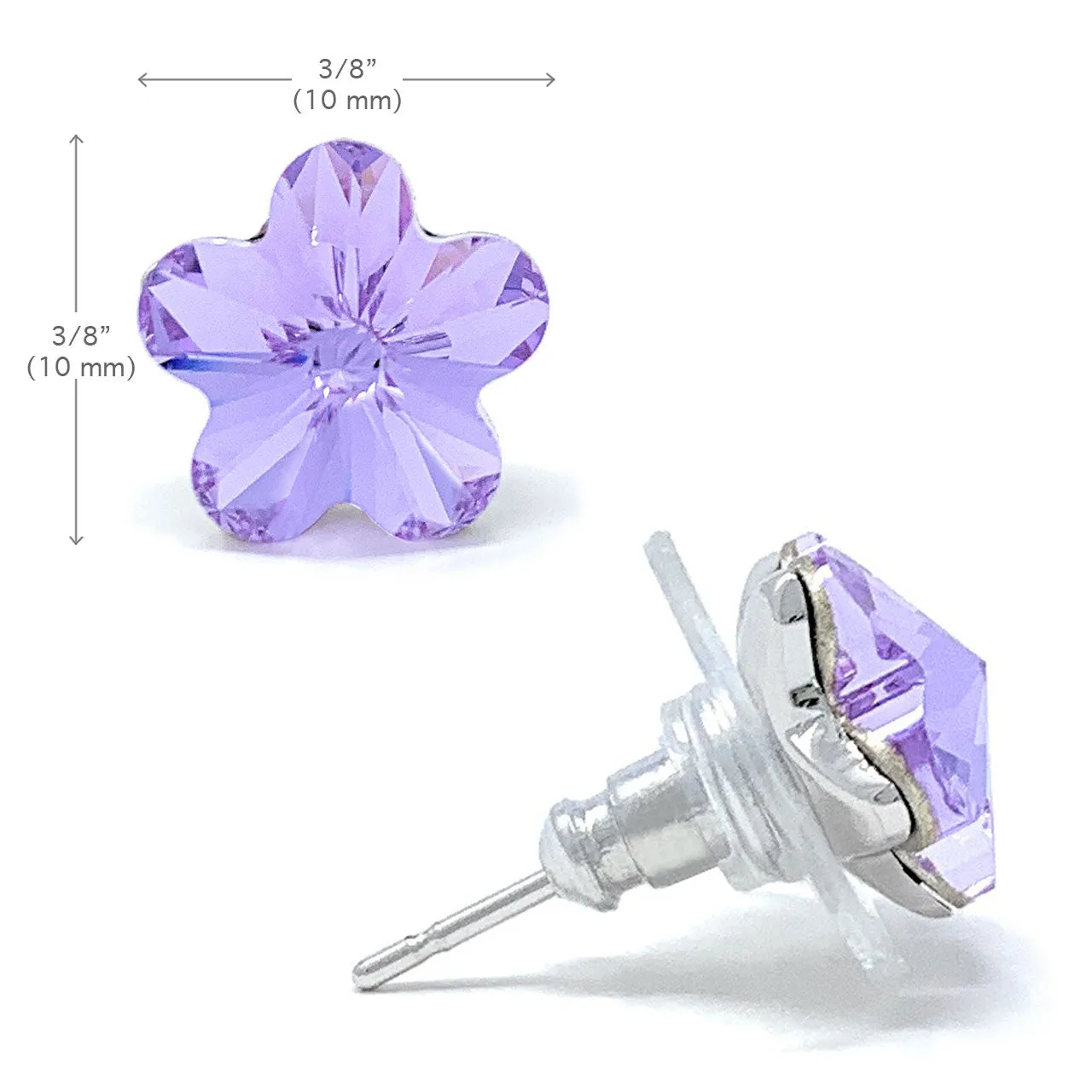 Anna Stud Earrings with Purple Violet Flower Crystals from Swarovski Silver Toned Rhodium Plated