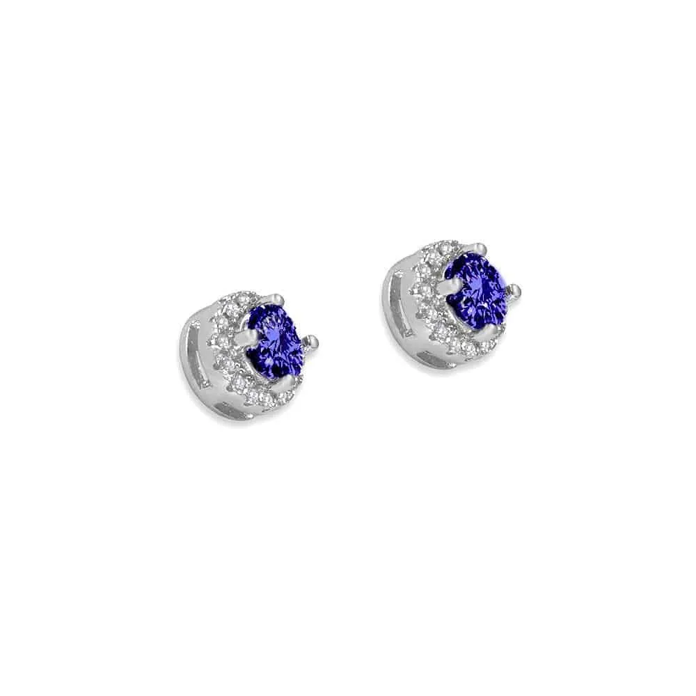 Anna Zuckerman Sterling Silver Sapphire Blue Cubic Zirconia Halo Earrings (97706)