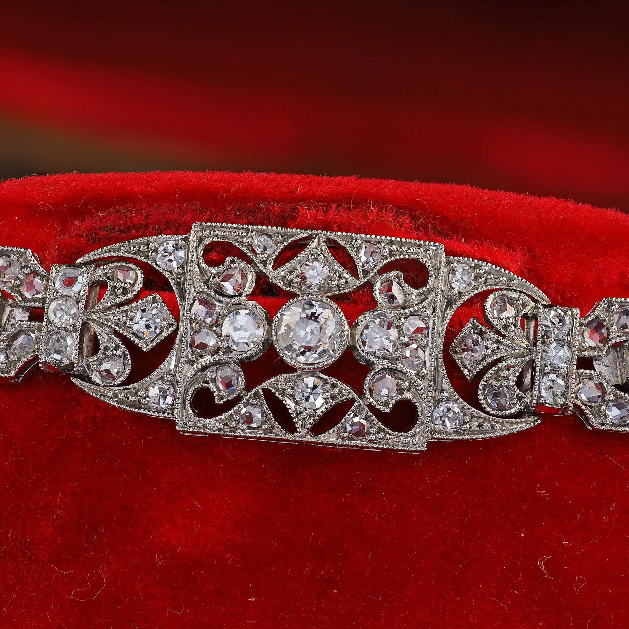 Antique Edwardian Platinum Old Cut Diamond Filigree Link Bracelet