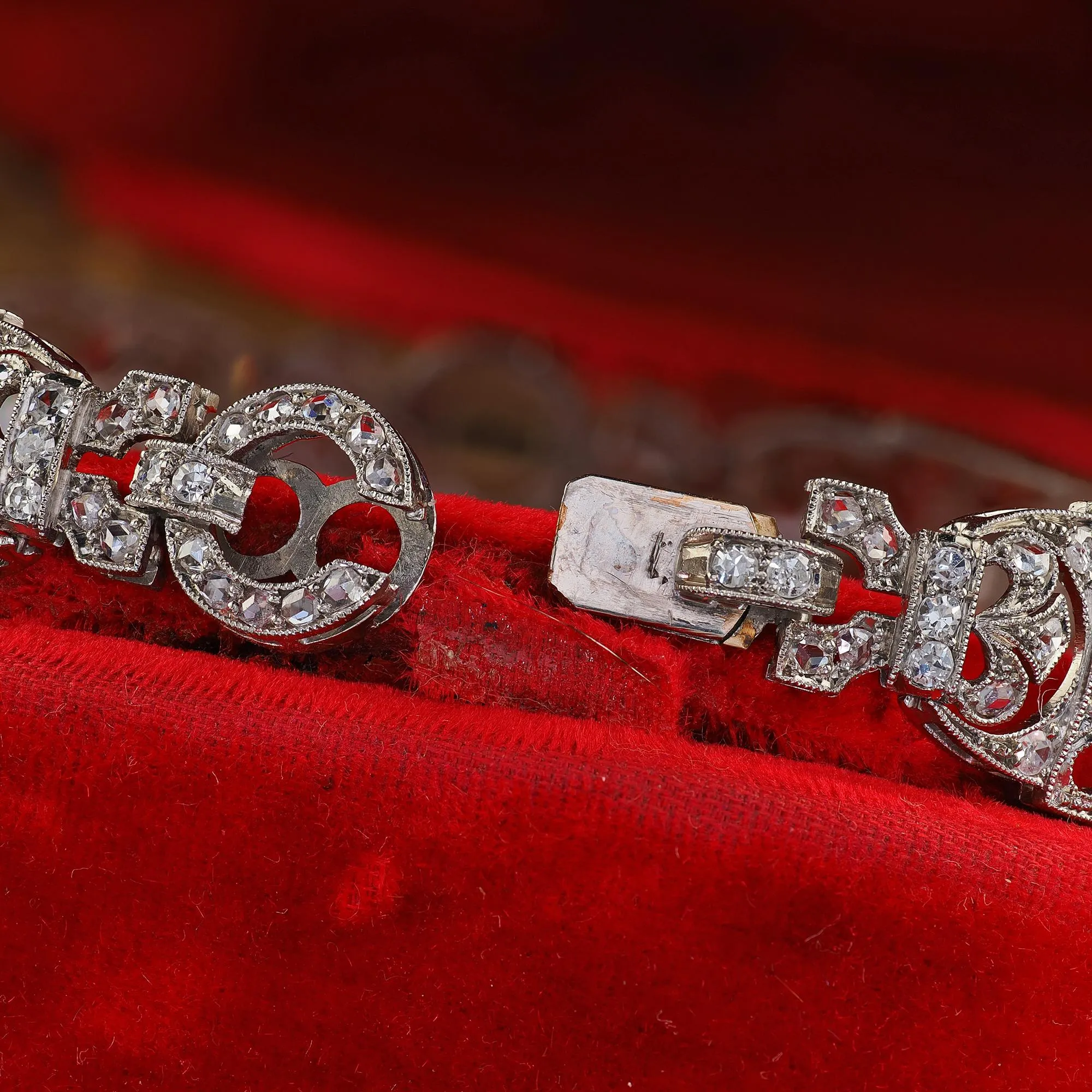 Antique Edwardian Platinum Old Cut Diamond Filigree Link Bracelet