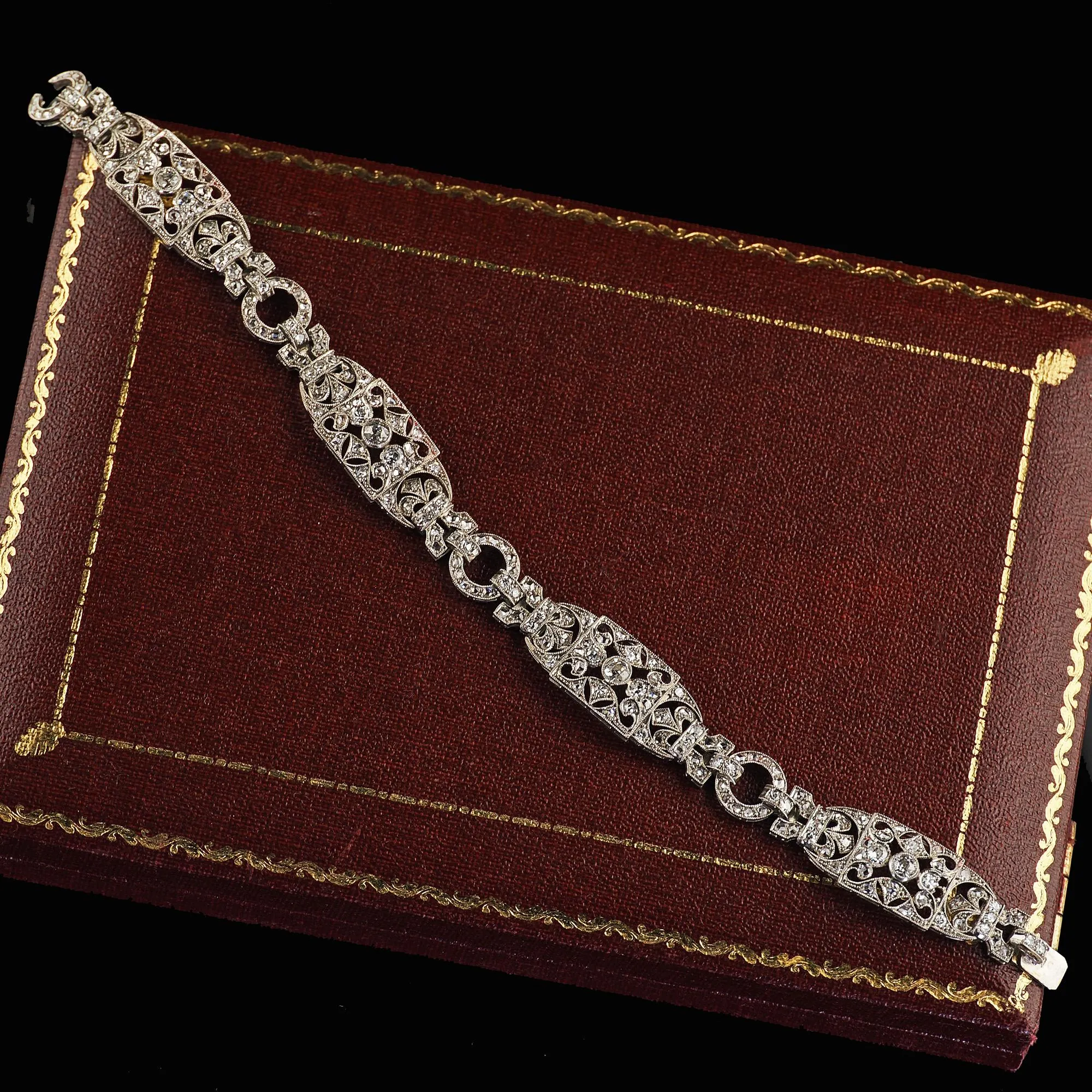 Antique Edwardian Platinum Old Cut Diamond Filigree Link Bracelet
