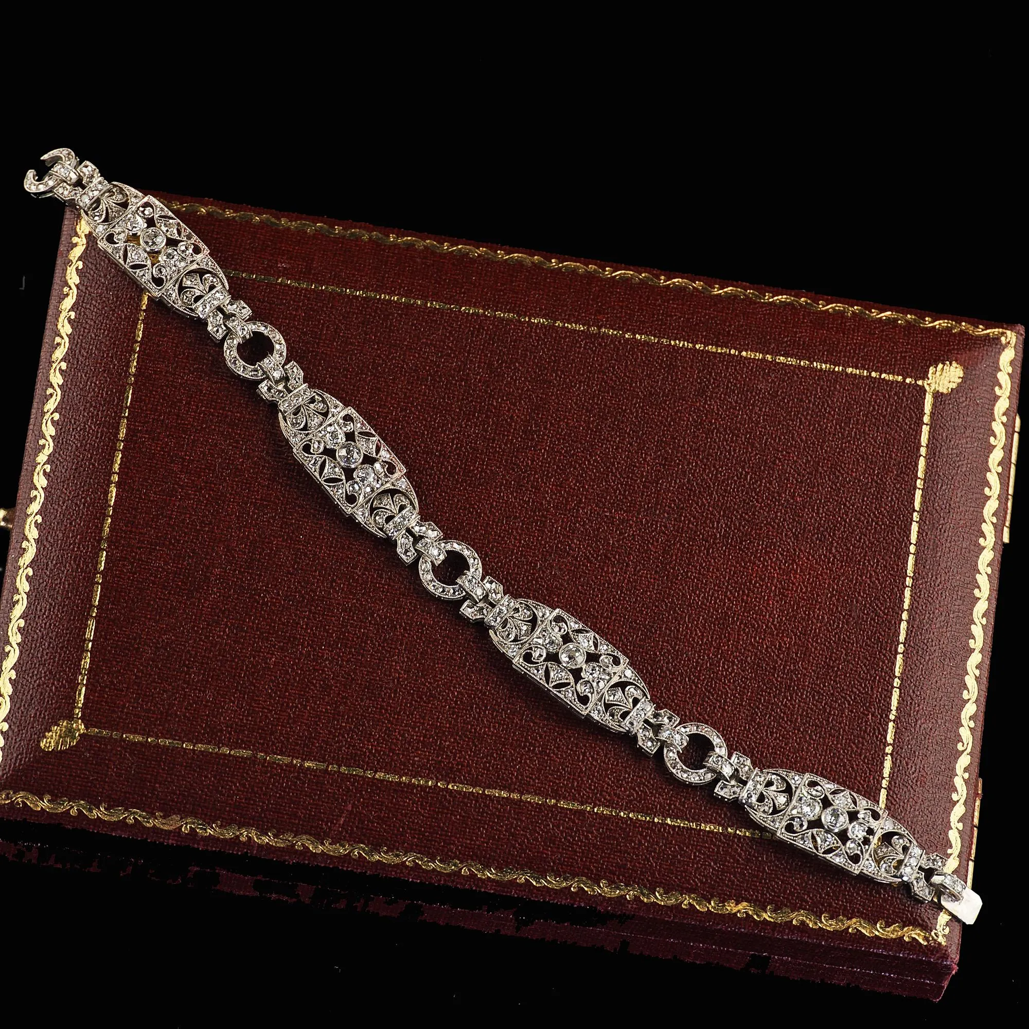 Antique Edwardian Platinum Old Cut Diamond Filigree Link Bracelet