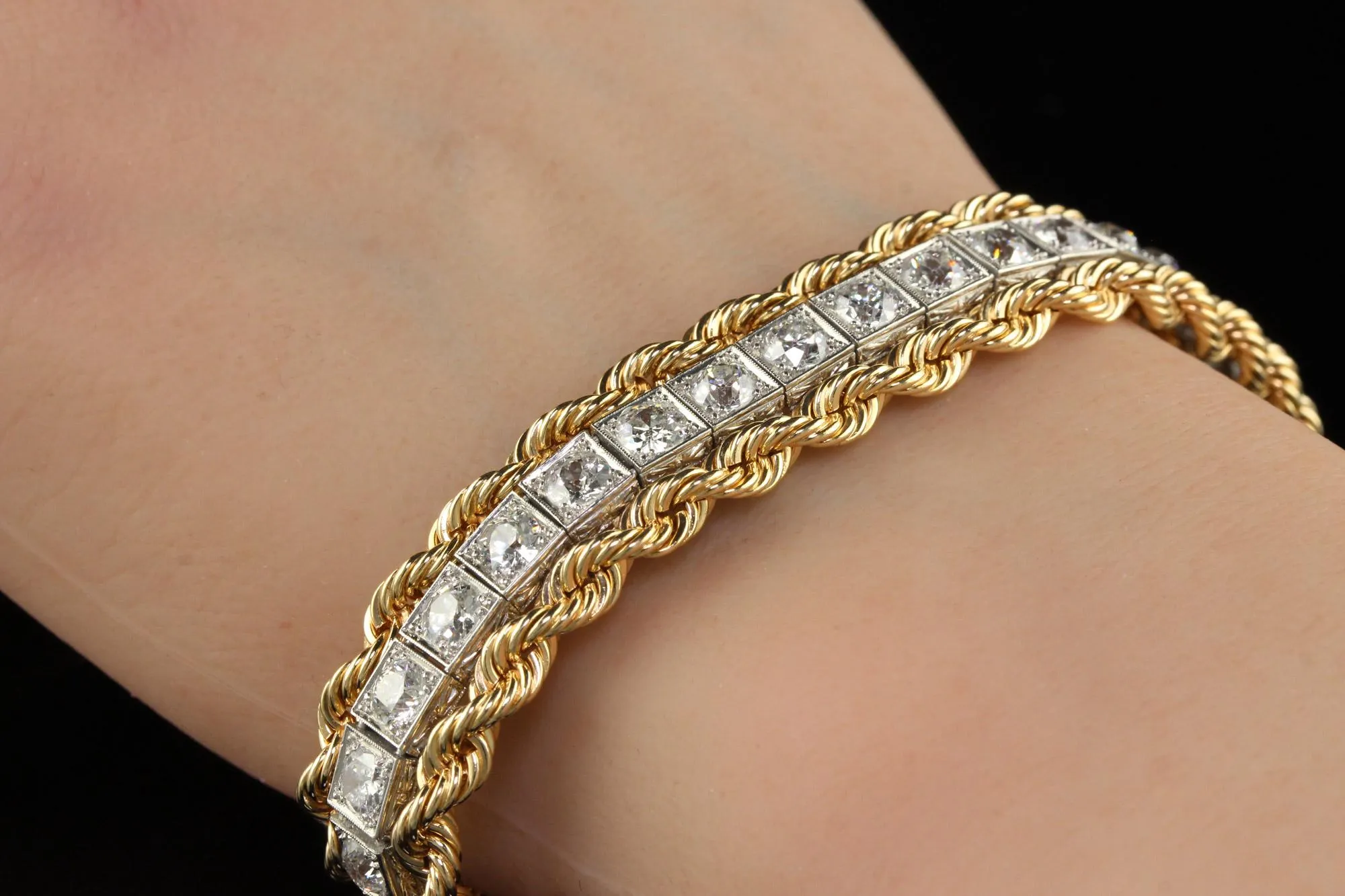 Antique Retro Art Deco Platinum Yellow Gold Old Euro Diamond Bracelet