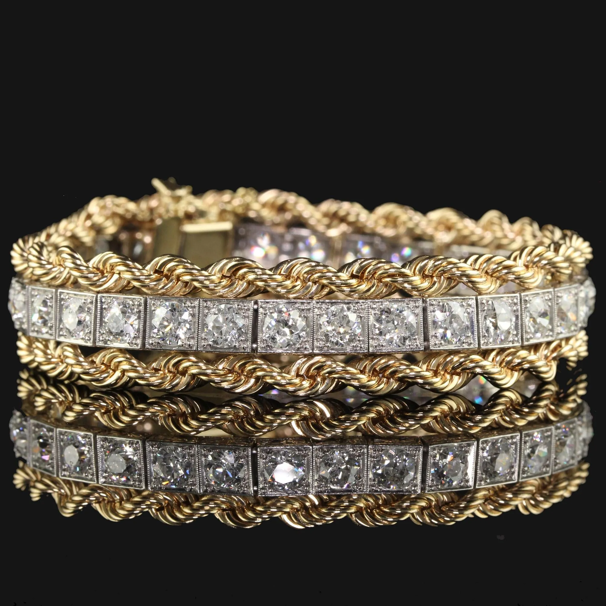 Antique Retro Art Deco Platinum Yellow Gold Old Euro Diamond Bracelet