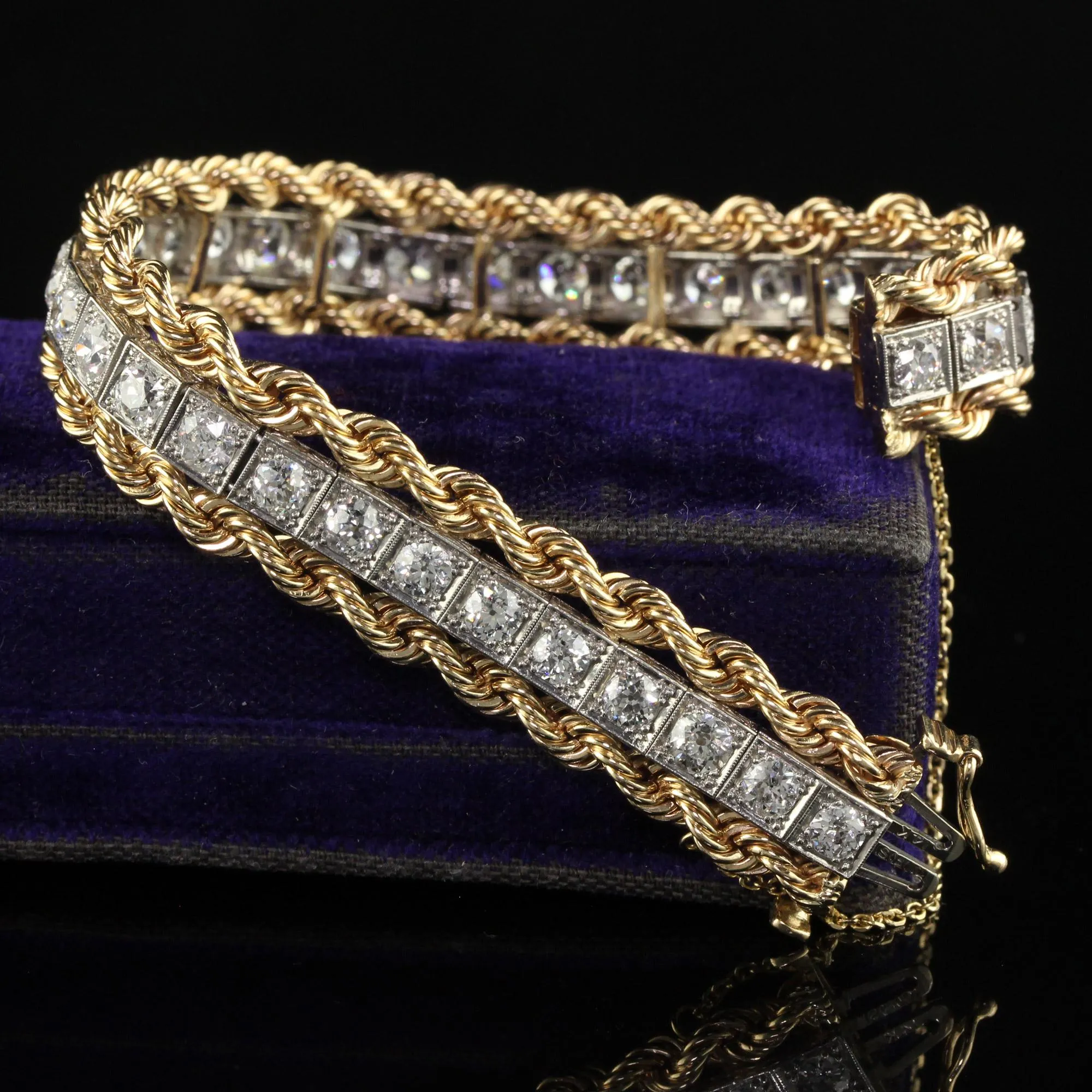 Antique Retro Art Deco Platinum Yellow Gold Old Euro Diamond Bracelet