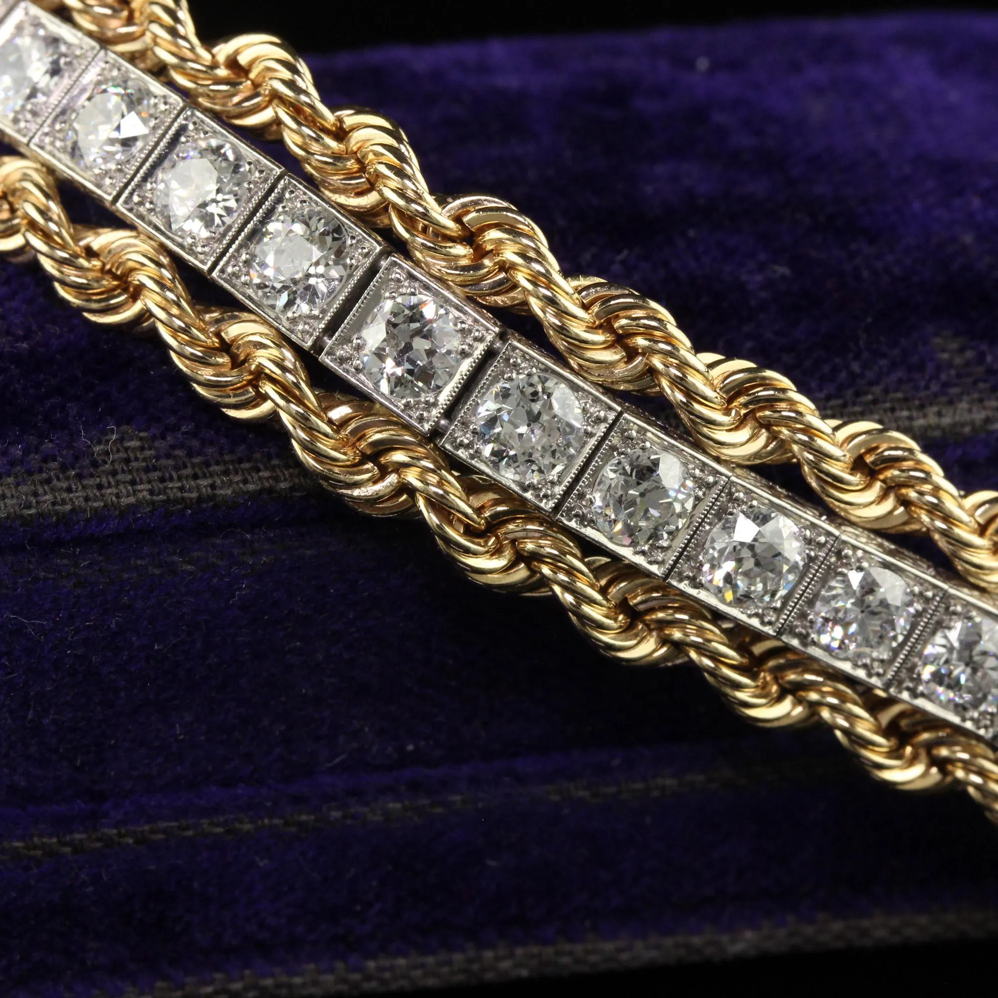 Antique Retro Art Deco Platinum Yellow Gold Old Euro Diamond Bracelet