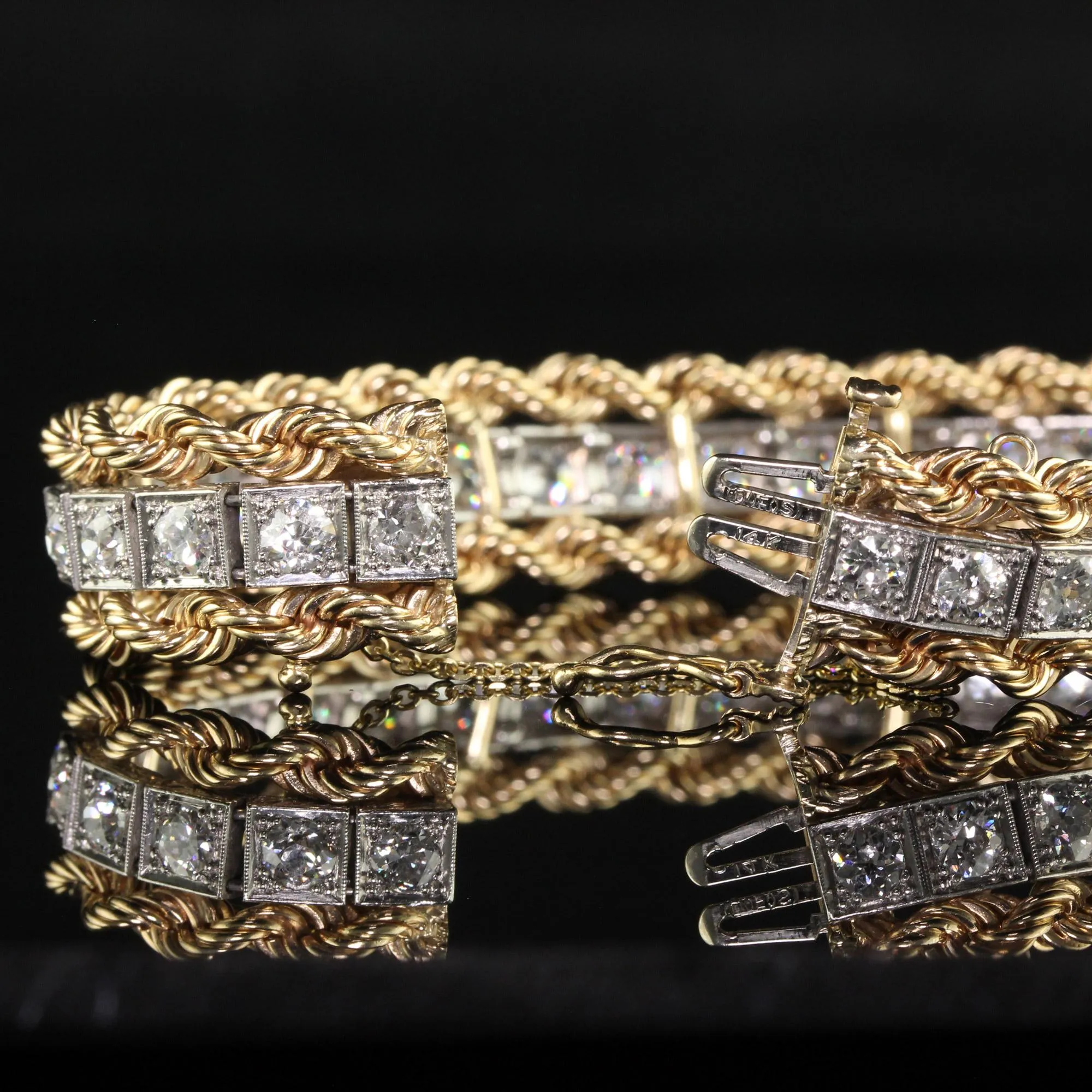 Antique Retro Art Deco Platinum Yellow Gold Old Euro Diamond Bracelet